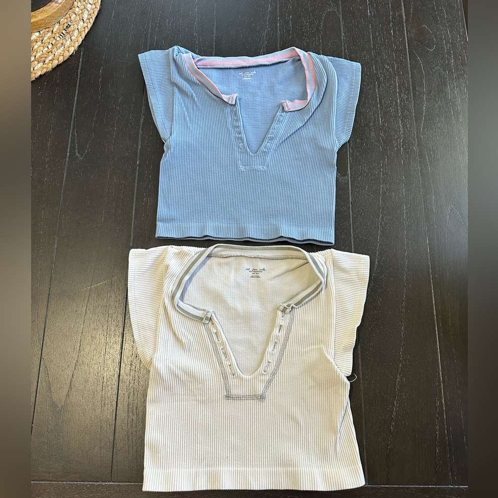 Urban Outfitters Light Blue and Cream Ribbed Crop Tops (2)